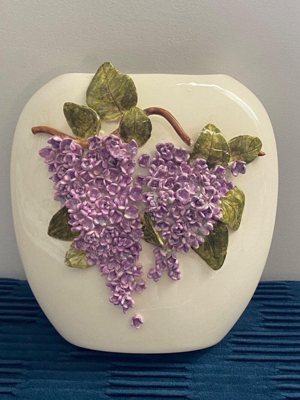 Handmade Ceramic Vase With 3D Purple Lilac Floral Design - 10" Tall